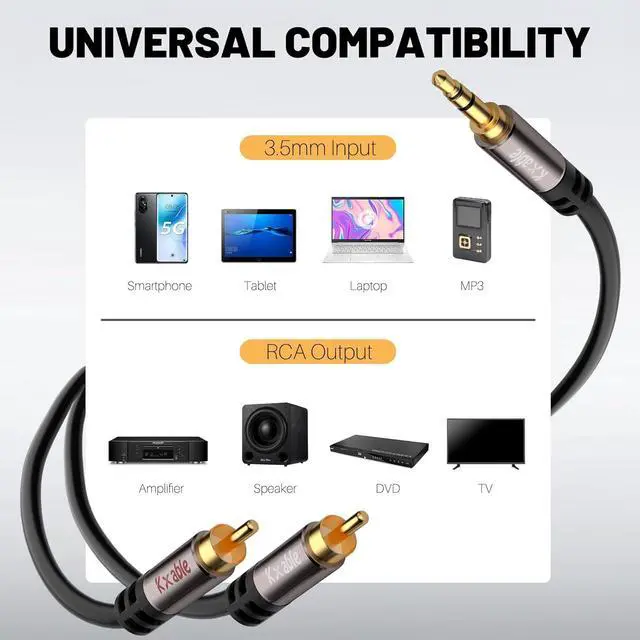 Alt view image 6 of 6 - 3.5mm to RCA Cable 15FT 2 Male RCA to Aux Stereo Audio Adapter Hi-Fi Sound Auxiliary Y Splitter Cord Shielded 1/8 to 2RCA Cable for Headphone MP3 Tablet Speaker HDTV Phone and More