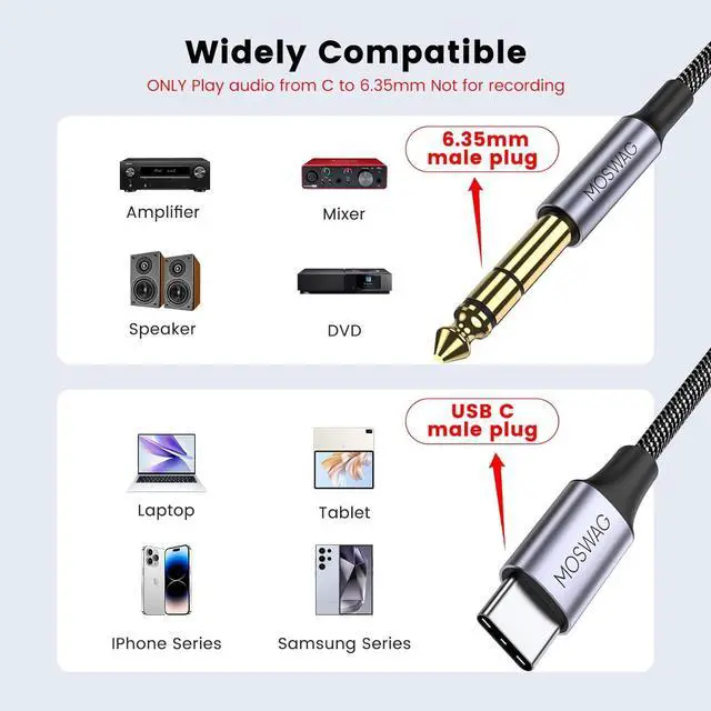 Alt view image 2 of 6 - USB C to 6.35mm 1/4 inch TRS Cable 3.28FT/1M Type C to 1/4 Audio Adapter Aux Jack Stereo Cable for Phones Amplifier Speaker Headphone Mixing Console (No Recording Support)