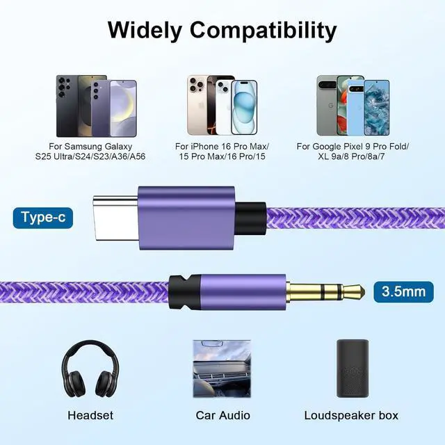 Alt view image 3 of 7 - Aux to USB C 3.3FT Type C to 3.5mm Audio Aux Jack Cable Compatible for Google Pixel 10 Pro Fold 10 Pro XL 9 Pro XL 8 7 USB C to 3.5mm Stereo Jack Cable Nylon Braided for Car/Headphones/Speakers Purple