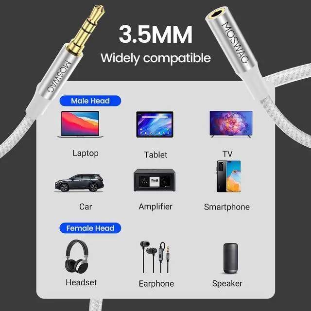 Alt view image 2 of 6 - 10FT/3Meter 3.5mm Extension Cable Audio Male to Female Stereo Extension Adapter Nylon Braided Cord Compatible for Home/Car Stereos Smartphones Headphones Tablets Media Players and More