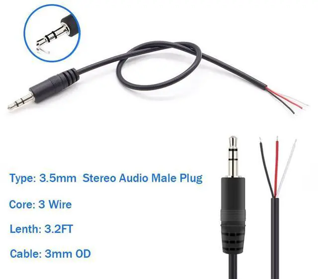 Alt view image 5 of 7 - 2PCS 3.2Ft 3.5mm 1/8 Stereo Audio Male Plug to Bare Wire Open End Cable TRS 3Pole Jack Connector Pigtail Cable for Headphone Headset Earphone DIY Repair Replacement