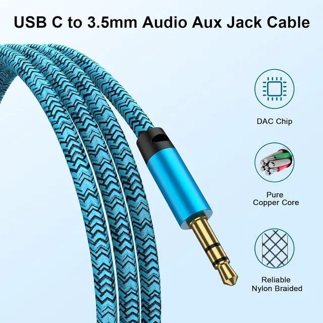 Alt view image 2 of 7 - USB C to 3.5mm Audio Aux Jack Cable 3.3FT for  Galaxy S25 FE/S25 Ultra/S24 FE/S23/S22/S21 Type C to 3.5mm Stereo Jack Cable Nylon Braided for iPhone 17 Pro Max 17 16 Pro 16e 15 Pro Max 15 Blue