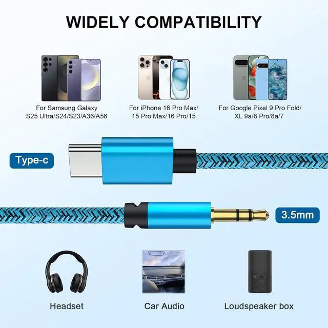 Alt view image 3 of 7 - USB C to 3.5mm Audio Aux Jack Cable 3.3FT for  Galaxy S25 FE/S25 Ultra/S24 FE/S23/S22/S21 Type C to 3.5mm Stereo Jack Cable Nylon Braided for iPhone 17 Pro Max 17 16 Pro 16e 15 Pro Max 15 Blue