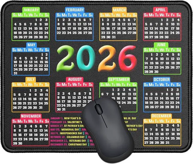 Main image of Mouse Pad with Stitched Edge Computer Mouse Mat with Non-Slip Rubber Base Mouse Pads for Computers Laptop Mouse 9.6x7.9x0.1 inch (2026 Calendar Black)