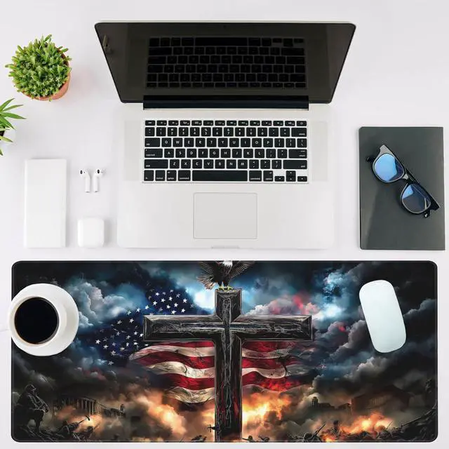 Alt view image 2 of 6 - Mouse Pad Large A Cross with an Eagle Non-Slip Game Desk Mat with Stitched Edge Laptop Keyboard Desk Pad for Work Home Gaming (35.4 x 15.7 Inches)