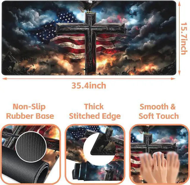 Alt view image 3 of 6 - Mouse Pad Large A Cross with an Eagle Non-Slip Game Desk Mat with Stitched Edge Laptop Keyboard Desk Pad for Work Home Gaming (35.4 x 15.7 Inches)