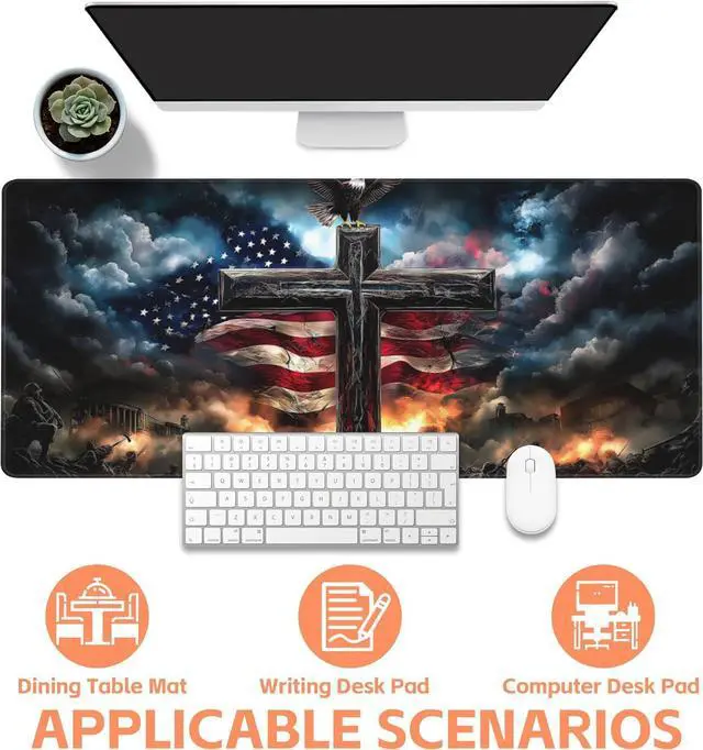 Alt view image 4 of 6 - Mouse Pad Large A Cross with an Eagle Non-Slip Game Desk Mat with Stitched Edge Laptop Keyboard Desk Pad for Work Home Gaming (35.4 x 15.7 Inches)