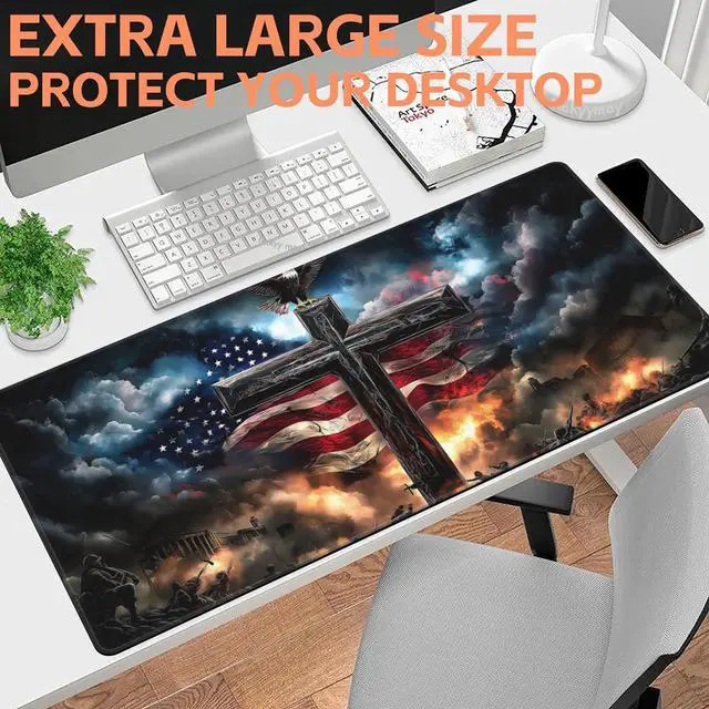 Alt view image 6 of 6 - Mouse Pad Large A Cross with an Eagle Non-Slip Game Desk Mat with Stitched Edge Laptop Keyboard Desk Pad for Work Home Gaming (35.4 x 15.7 Inches)