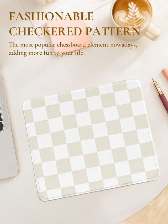 Alt view image 2 of 7 - Cute Beige White Mouse Pad Retro Checkered Pattern Mousepad Square Aesthetic Plaid Waterproof Grid Mouse Mat Design Non-Slip Rubber Base Computer Funny Boho Small Mouse Pads