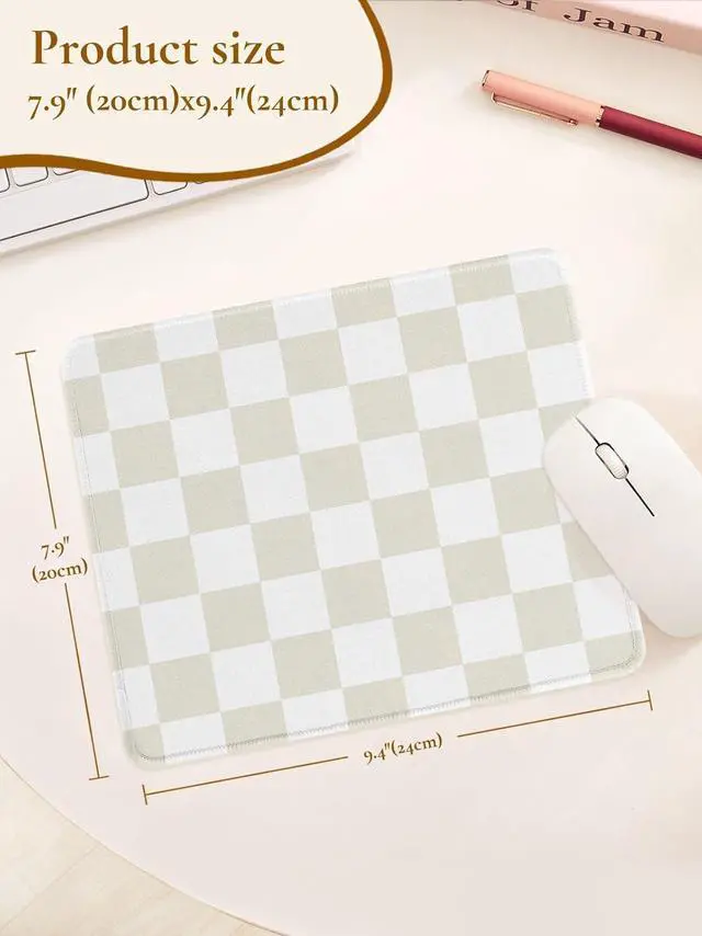 Alt view image 7 of 7 - Cute Beige White Mouse Pad Retro Checkered Pattern Mousepad Square Aesthetic Plaid Waterproof Grid Mouse Mat Design Non-Slip Rubber Base Computer Funny Boho Small Mouse Pads