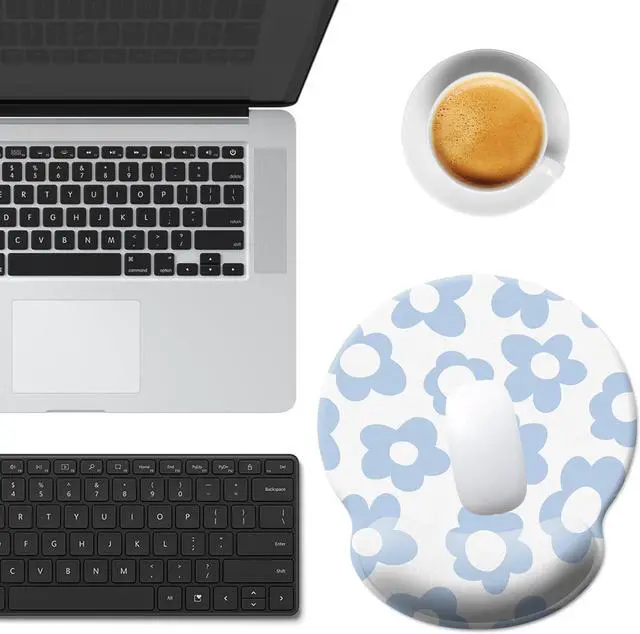 Alt view image 2 of 7 - Blue Mouse Pad Wrist Support Ergonomic Mouse Pad with Wrist Rest Comfortable Mousepad with Smooth Wrist Rest Pain Relief Mouse Pads for Non-Slip Base Computer Laptop OfficeHome(Vintage Groovy Flower)