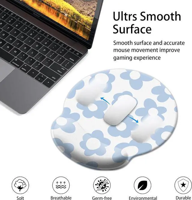 Alt view image 6 of 7 - Blue Mouse Pad Wrist Support Ergonomic Mouse Pad with Wrist Rest Comfortable Mousepad with Smooth Wrist Rest Pain Relief Mouse Pads for Non-Slip Base Computer Laptop OfficeHome(Vintage Groovy Flower)