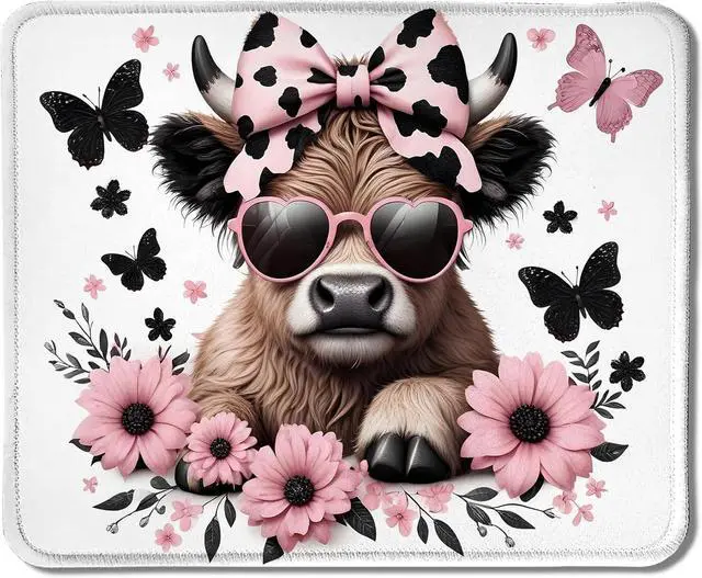 Main image of Highland Cow Mouse Pad Coquette Pink Bow Floral Cow Mouse Pads for Wireless Mouse Computers Laptop Desk Accessories 9.5x7.9 Inch