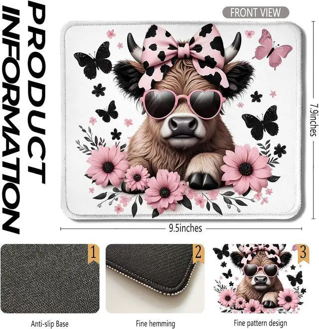 Alt view image 2 of 6 - Highland Cow Mouse Pad Coquette Pink Bow Floral Cow Mouse Pads for Wireless Mouse Computers Laptop Desk Accessories 9.5x7.9 Inch
