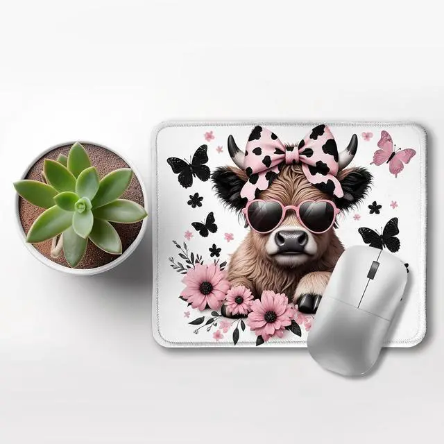 Alt view image 3 of 6 - Highland Cow Mouse Pad Coquette Pink Bow Floral Cow Mouse Pads for Wireless Mouse Computers Laptop Desk Accessories 9.5x7.9 Inch