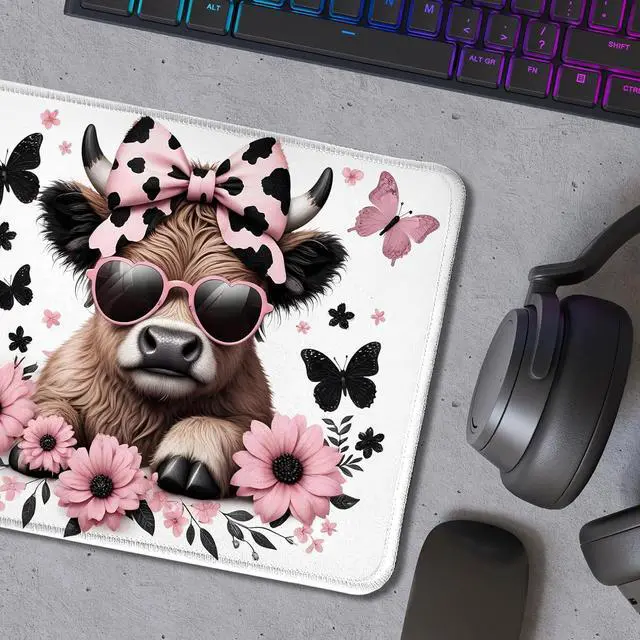 Alt view image 5 of 6 - Highland Cow Mouse Pad Coquette Pink Bow Floral Cow Mouse Pads for Wireless Mouse Computers Laptop Desk Accessories 9.5x7.9 Inch
