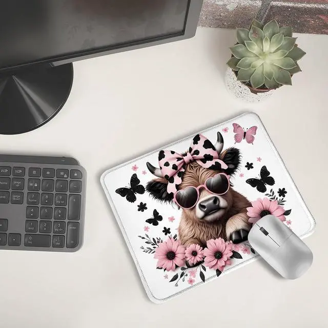 Alt view image 6 of 6 - Highland Cow Mouse Pad Coquette Pink Bow Floral Cow Mouse Pads for Wireless Mouse Computers Laptop Desk Accessories 9.5x7.9 Inch