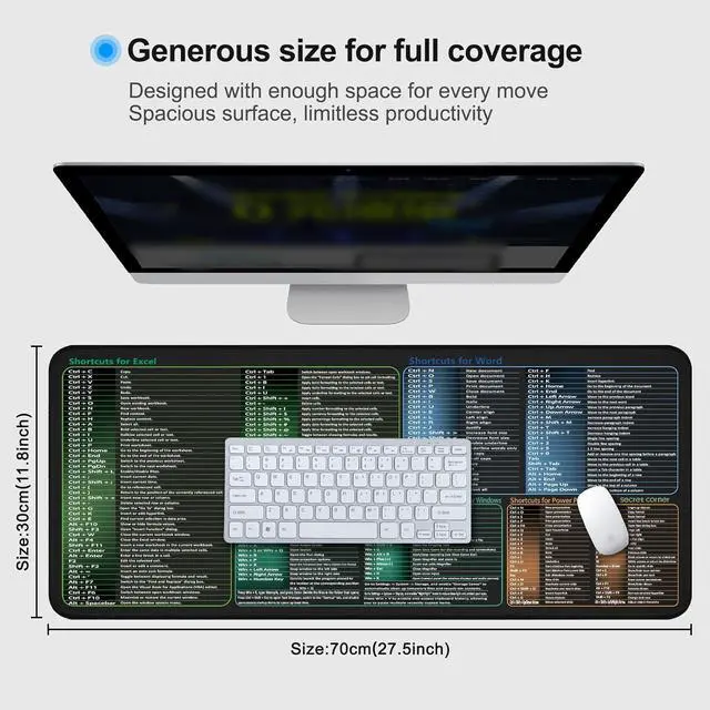 Alt view image 5 of 7 - excel&Word&Windows&powerpoint Cheat Sheet Mousepad Extra Large Office Desk Accessories Desk mat Office Keyboard Shortcuts Mouse pad Non-Slip for Computer Gaming Mouse pad 27.6x11.8