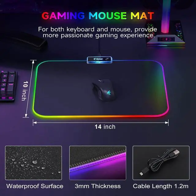 Alt view image 4 of 7 - RGB Gaming Mouse Pad Small Mousepad 340×245×3mm PC Gaming Accessories LED Mouse Mat for Desk Mouse Pads Boy Gifts for Computer Gamer - Black