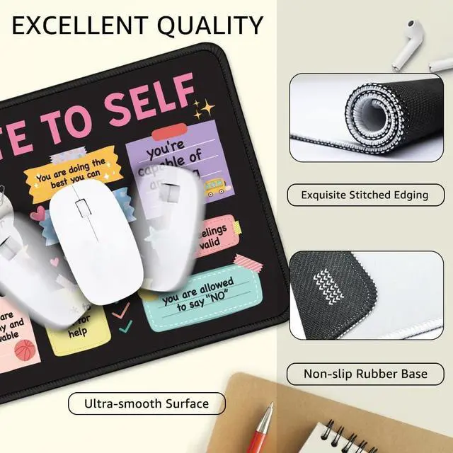 Alt view image 3 of 6 - Note to Self Non-Slip Mouse Pad with Stitched Edge Funny Mental Health Awareness Gifts for School Counselor Therapist Positivity Inspirational Gifts for Women Self-Love and Self-Care Gift