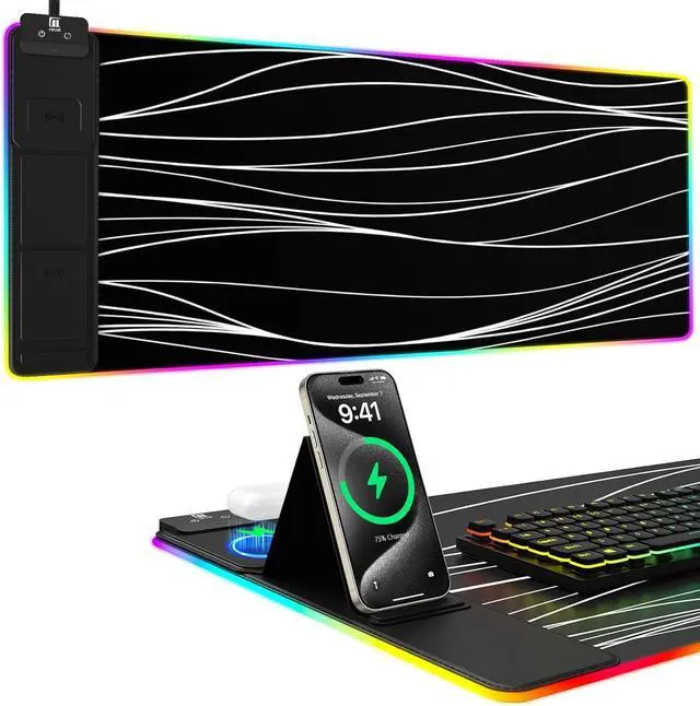 Main image of Mouse Pad with Phone Holder Wireless Charging Desk Mat RGB Gaming Mousepad Home Office Large Desk Pad with Ultra-Smooth Surface Non-Slip Base Waterproof Keyboard Pad Wavy Black
