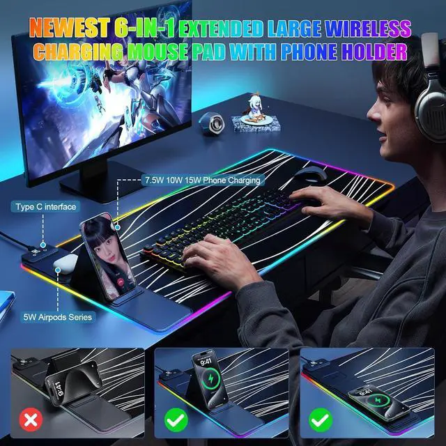 Alt view image 3 of 7 - Mouse Pad with Phone Holder Wireless Charging Desk Mat RGB Gaming Mousepad Home Office Large Desk Pad with Ultra-Smooth Surface Non-Slip Base Waterproof Keyboard Pad Wavy Black