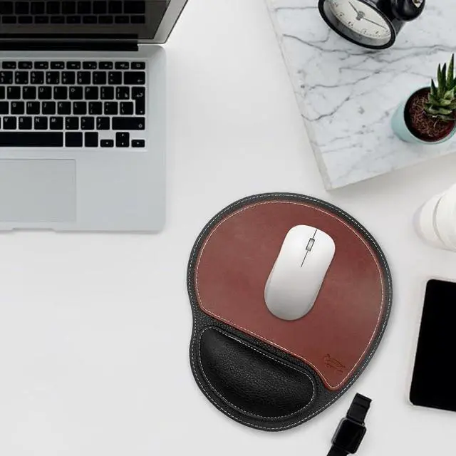 Alt view image 2 of 7 - Ergonomic Leather Mouse Pad Mat Mousepad with Rest Wrist Support Non-Slip Rubber Base Memory Foam Waterproof Surface for Gaming Office (Round-Brown)