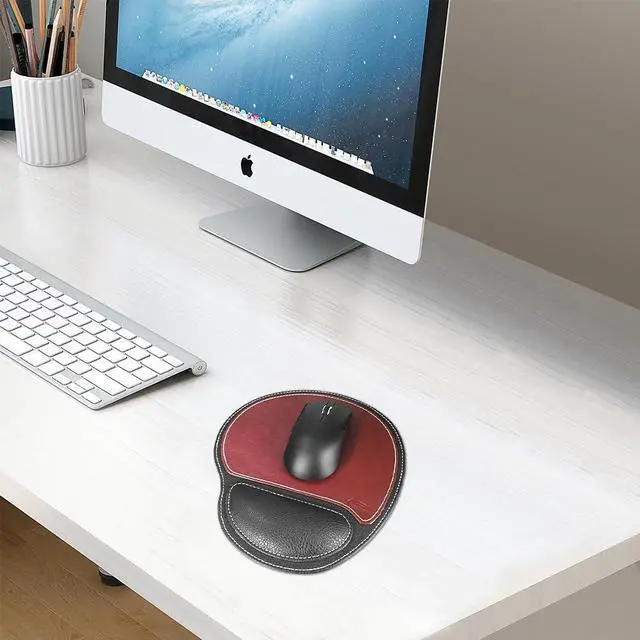 Alt view image 4 of 7 - Ergonomic Leather Mouse Pad Mat Mousepad with Rest Wrist Support Non-Slip Rubber Base Memory Foam Waterproof Surface for Gaming Office (Round-Brown)