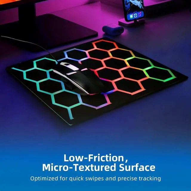 Alt view image 6 of 6 - Gaming Mouse pad with Hexagonal Glowing Pattern RGB LED Mouse pad Multiple Lighting Modes Supports PC Client Color Adjustment syncs with Screen Colors