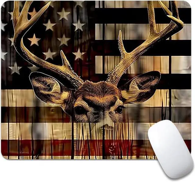 Main image of Wood Grain American Flag Hunting Deer Square Mouse pad Texture Waterproof Anti Slip Rubber Base Computer Mouse pad Laptop Mouse pad