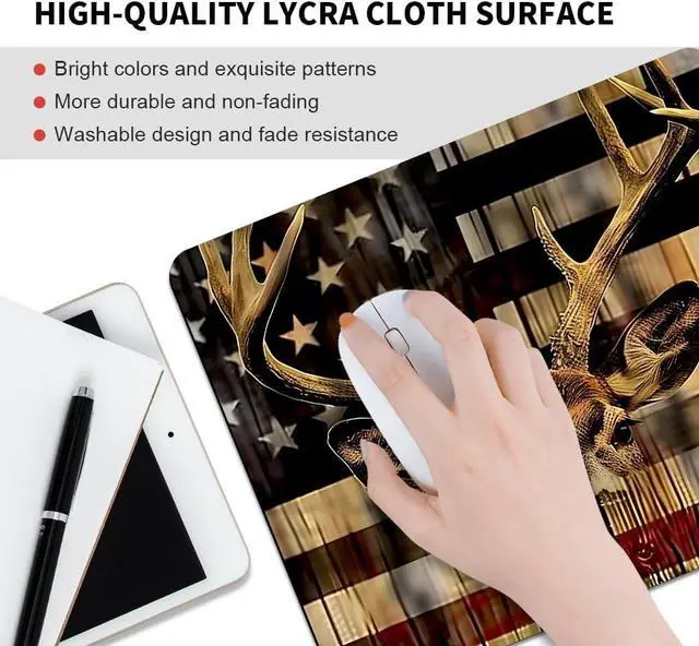 Alt view image 3 of 7 - Wood Grain American Flag Hunting Deer Square Mouse pad Texture Waterproof Anti Slip Rubber Base Computer Mouse pad Laptop Mouse pad