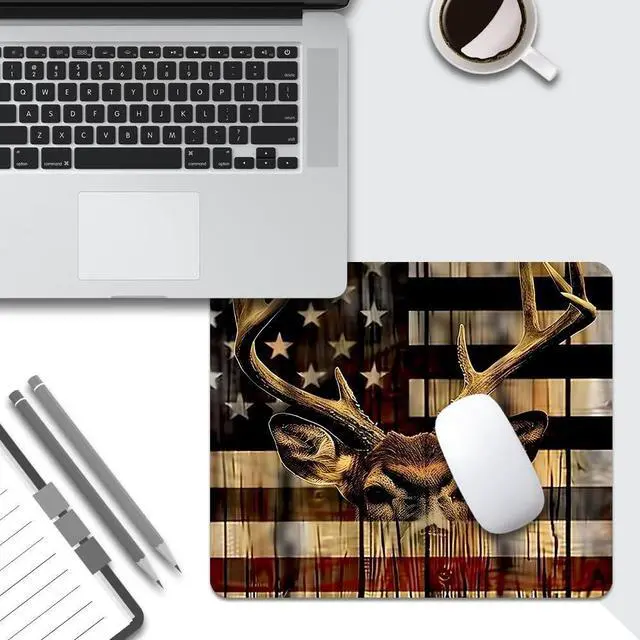 Alt view image 5 of 7 - Wood Grain American Flag Hunting Deer Square Mouse pad Texture Waterproof Anti Slip Rubber Base Computer Mouse pad Laptop Mouse pad