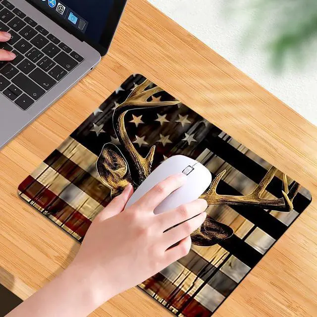 Alt view image 7 of 7 - Wood Grain American Flag Hunting Deer Square Mouse pad Texture Waterproof Anti Slip Rubber Base Computer Mouse pad Laptop Mouse pad