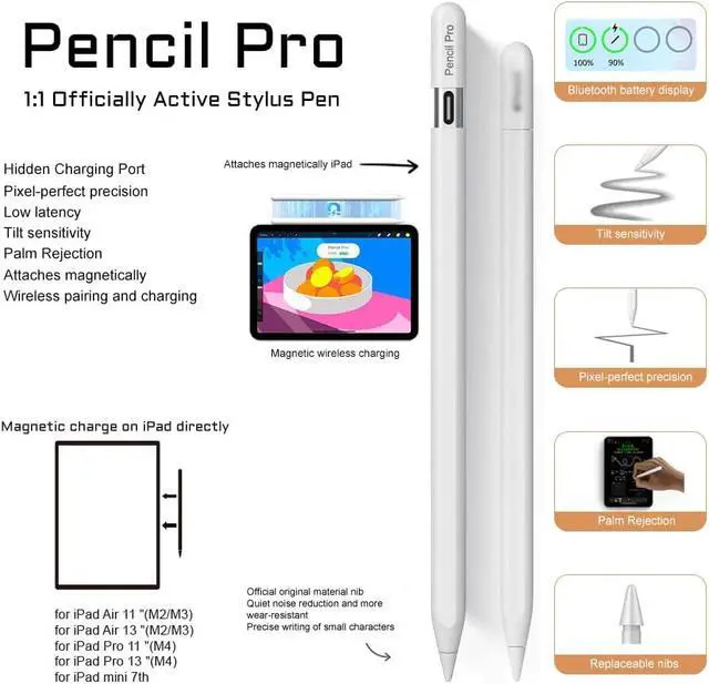 Alt view image 3 of 7 - Magnetic Wireless Charging Stylus Pencil for iPad 2024-2025 Tilt Function&Palm Rejection Stylus Pencil Pro for 2018-2025 iPad 6/7/8/9/10/11th Mini 5/6/7th Pro 11/12.9/M4 Air 3/4/5/M2/M3 White