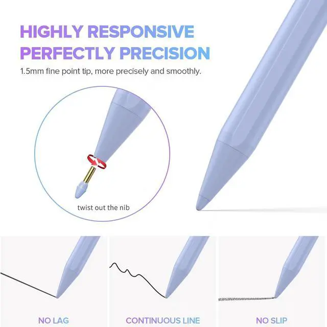 Alt view image 4 of 7 - Stylus Pen for iPad 6th-11th Generation-2X Fast Charge Active Pencil Compatible with 2018-2025  iPad Pro 11/12.9/M4 iPad Air 3/4/5/M2/M3 iPad mini 5/6 Gen-Purple