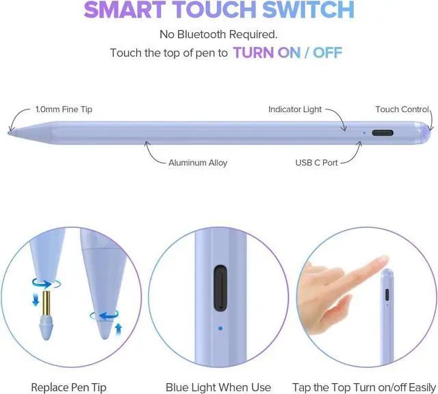 Alt view image 5 of 7 - Stylus Pen for iPad 6th-11th Generation-2X Fast Charge Active Pencil Compatible with 2018-2025  iPad Pro 11/12.9/M4 iPad Air 3/4/5/M2/M3 iPad mini 5/6 Gen-Purple