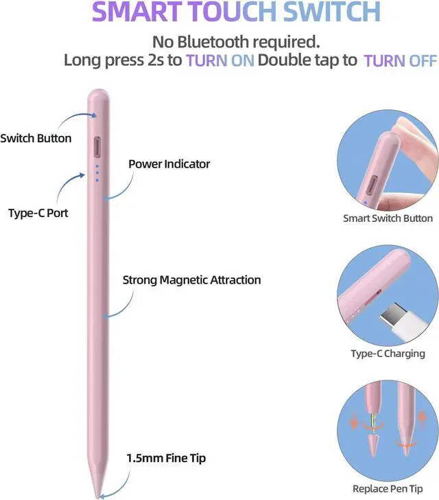 Alt view image 6 of 7 - Stylus Pen for iPad 6th-10th Energy-Saving Fast Charging  Pencil for iPad Air 5/4/3rd iPad Pro 11/12.9 Inch iPad mini 5/6th (Pink)
