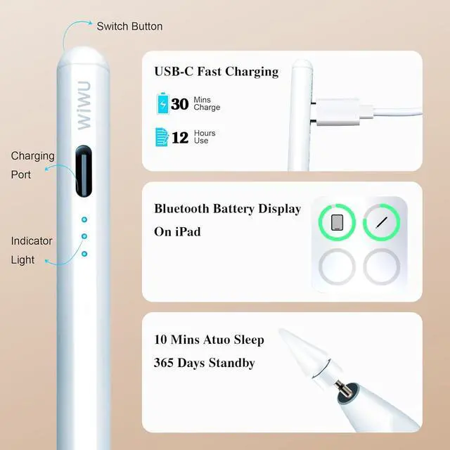 Alt view image 4 of 7 - Stylus Pen for iPad 2018-2025 No Lag Tilt Sensitivity Bluetooth Fast Charge for  Pencil with Magnetic Compatible with iPad 11/10/9/8/7/6 Air 3/4/5 Pro 11/12.9/M4 Mini 5/6