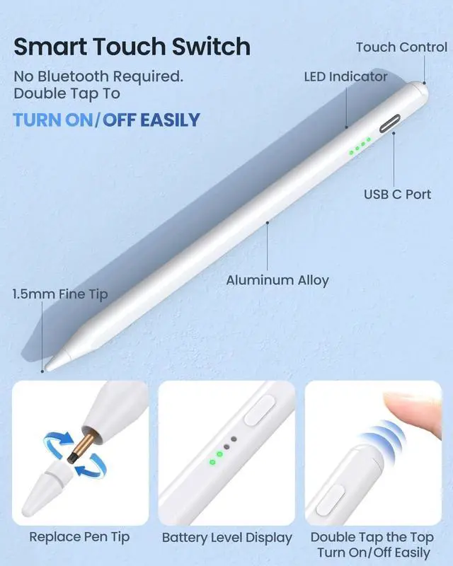 Alt view image 4 of 6 - Stylus Pen for iPad 2018-2025 - LED Power Display Fast Charging Pencil (1st Generation) with Tilt Sensitivity Palm Rejection for iPad Air/Pro/Mini
