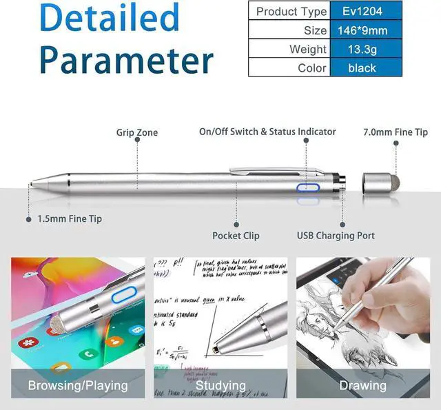 Alt view image 5 of 6 - Stylus for  Galaxy S24/S23 Pencil - Fine Tip Digital Pen with Magnetic Fabric Cap 2 in 1 Sensitive Good for Writing and Drawing High-Precision Pencil for  Galaxy S24/S23 Black