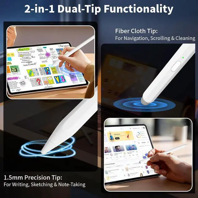 Alt view image 2 of 7 - 2-in-1 Pencil for  iPad Stylus Pen for iPad Stylus Pen for Touchscreen Suitable for iPad/iPhone//Android Smartphone and Tablets Compatible with All Touchscreen (White)