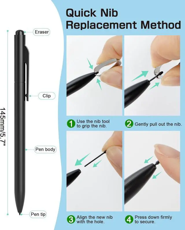 Alt view image 6 of 7 - EMR Stylus Compatible with Remarkable 2 Replacement Digital Pen with Eraser 4096 Pressure Levels Palm Rejection Tilt Support-5 Pen Tips (Black)