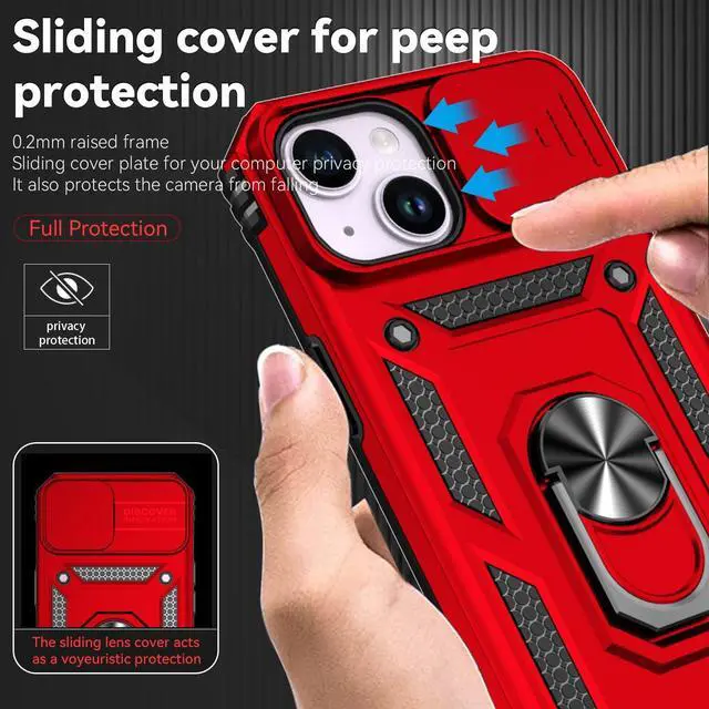 Alt view image 2 of 7 - Compatible with iPhone 15 Case with HD Screen Protector & Slide Camera Cover & Rotated Ring Kickstand [Military-Grade] Phone Case for iPhone 15 Red