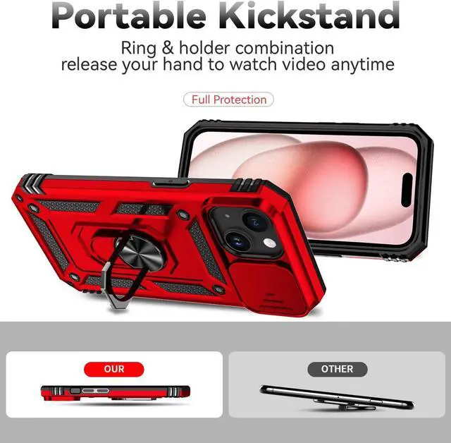 Alt view image 3 of 7 - Compatible with iPhone 15 Case with HD Screen Protector & Slide Camera Cover & Rotated Ring Kickstand [Military-Grade] Phone Case for iPhone 15 Red
