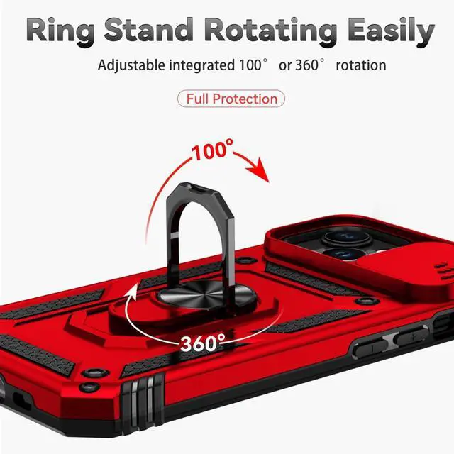 Alt view image 4 of 7 - Compatible with iPhone 15 Case with HD Screen Protector & Slide Camera Cover & Rotated Ring Kickstand [Military-Grade] Phone Case for iPhone 15 Red