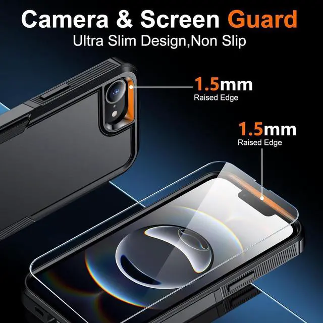 Alt view image 3 of 7 - Designed for iPhone 16e Case [12 FT Military Grade Protection] 2 Pack [Tempered Glass Screen Protectors] Heavy Duty Shockproof Case for iPhone 16e 2025 6.1 Black