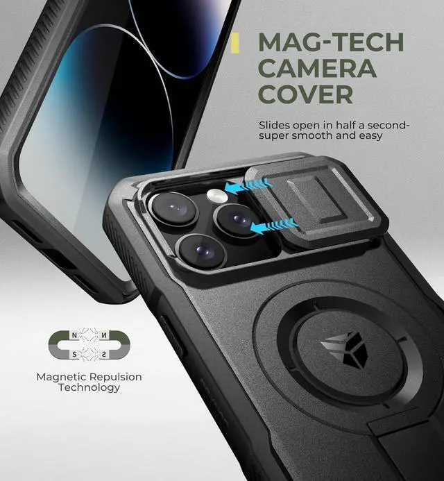 Alt view image 4 of 7 - for iPhone 14 Pro Max Case with Slide Camera Cover & Adjustable Kickstand & Built-in Screen Protector Magnetic Rugged Shockproof Bumper Cases Heavy-Duty Magnetic Protective Cover Black