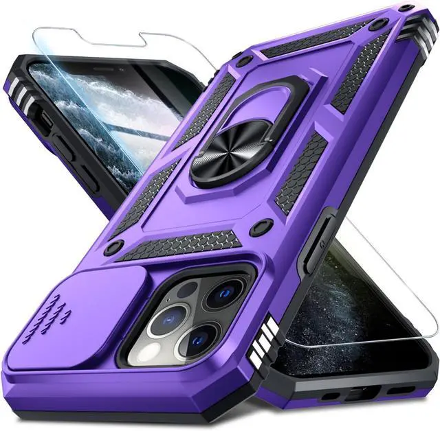 Main image of Case for iPhone 12 & 12 Pro Phone Cover Built in Slide Camera Lens Cover+Screen Protector Heavy Duty Shockproof Full Body PhoneCase with Finger Ring Holder Kickstand Purple