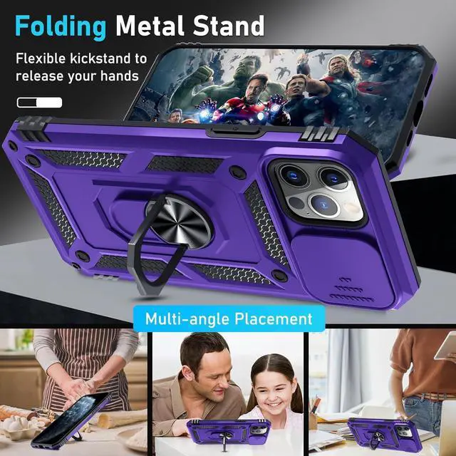 Alt view image 2 of 7 - Case for iPhone 12 & 12 Pro Phone Cover Built in Slide Camera Lens Cover+Screen Protector Heavy Duty Shockproof Full Body PhoneCase with Finger Ring Holder Kickstand Purple