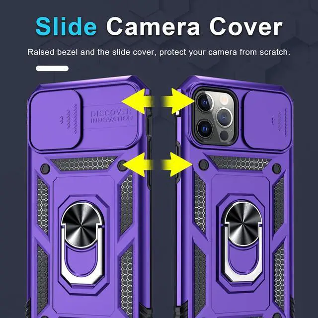 Alt view image 3 of 7 - Case for iPhone 12 & 12 Pro Phone Cover Built in Slide Camera Lens Cover+Screen Protector Heavy Duty Shockproof Full Body PhoneCase with Finger Ring Holder Kickstand Purple